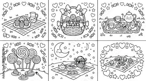 Cute hand drawn picnic sweets and tea set on checkered blanket with cupcakes cookies lollipops basket moonlit night whimsical black line art teapot tray hearts stars