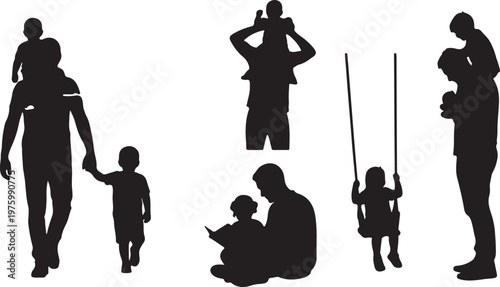 Father and child silhouette collection, black vector silhouettes of dad and kids playing, fatherhood and parenting concept icons for family designs