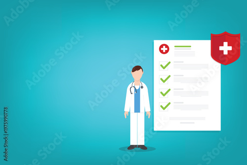 Health Insurance Approval Concept with Doctor Checklist and Medical Protection Shield