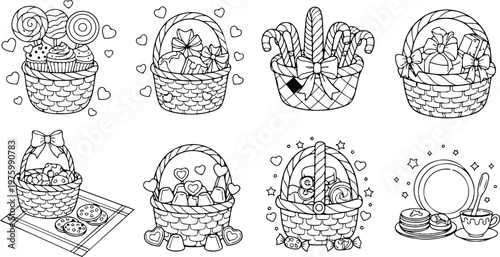 Line art coloring page close up eight wicker candy baskets filled with cupcakes lollipops cookies and chocolates surrounded by hearts for valentine day cute outline