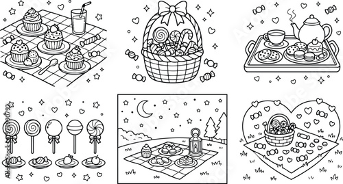 Cute line art coloring page showing picnic blanket with cupcakes basket of candy tea tray lollipops heart shaped scene top view simple black outline playful detailed