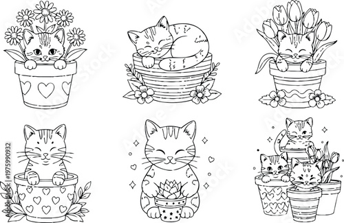 Cute kawaii line art kittens in flower pots close up variety of sleeping and smiling cats holding succulents tulips daisies playful composition for coloring pages collection