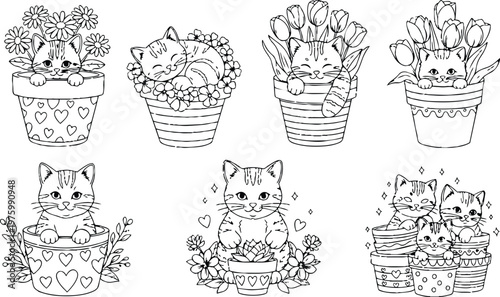 Line art coloring page close up kittens in flower pots multiple poses looking sleeping and peeking among tulips daisies playful composition adorable hand drawn