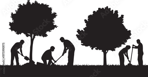 Black silhouette of people planting trees, community gardening and environmental conservation vector, group of volunteers working in a park or garden