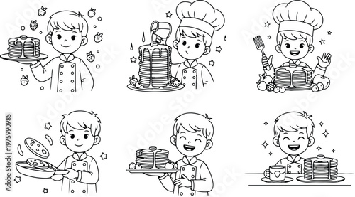Cartoon line art close up boy chef serving pancakes holding plate pouring syrup fork and strawberries smiling at camera set of six simple outline scenes collection