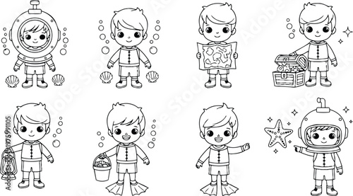 Cute cartoon boy in vintage diving helmet looking at map and holding treasure chest and lantern on sea floor with starfish and bubbles playful line art