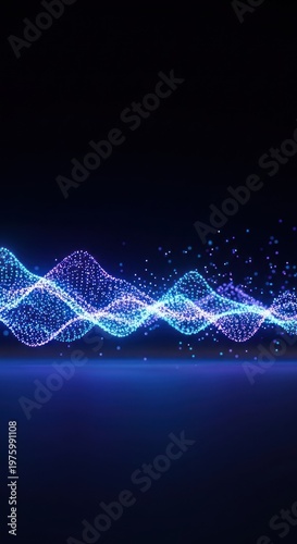 Abstract glowing blue and purple sound wave with particles on dark background