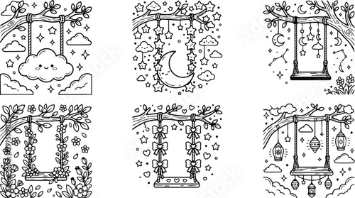 Whimsical hand drawn line art swings hanging from tree branch with stars clouds moon lanterns and floral decorations close up coloring book page set cute outline