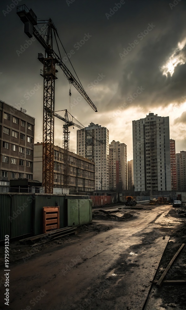 Fototapeta premium Construction site with cranes and apartment buildings under stormy sky city