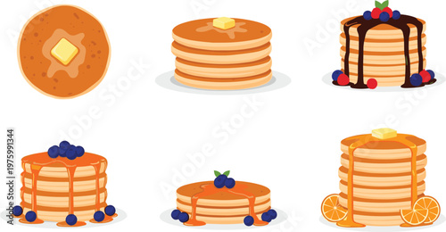 Delicious Pancake Stack with Butter, Blueberries, and Syrup for Breakfast, Brunch, and Food Menu Design – Vector Illustration