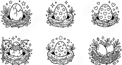 Line art coloring page six decorative egg nests arranged in grid cracked star heart dragon moon and gem motifs close up top view black white vector