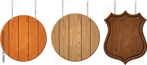 Wooden Hanging Signboards Set with Chain Attachments for Restaurant, Shop, and Business Branding - Vector Illustration