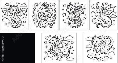 Cute hand drawn cartoon dragons in six square coloring page panels smiling and flying among stars clouds hearts and moons adorable playful line art for children