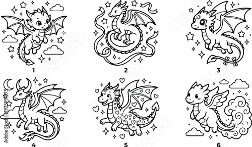 Cute line art dragon coloring sheet six whimsical dragon designs numbered close up playful details clouds stars hearts ideal for kids simple outlines bold strokes printable