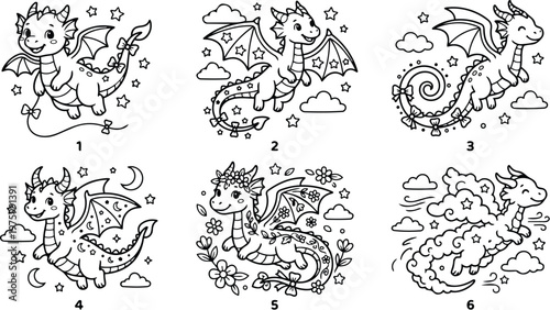 Whimsical line art dragon coloring page set six numbered cute flying dragons in various poses with stars clouds flowers close up playful smiling tails bows detailed