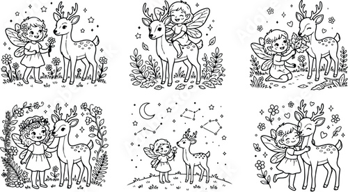 Whimsical line art close up fairy girl with wings smiling at gentle spotted deer holding flower in meadow surrounded by stars leaves and floral soft
