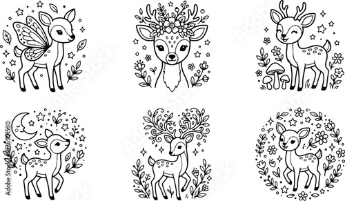 Cute line art deer illustrations set showing six floral fawn designs with antlers wings mushrooms moon and wreaths arranged for coloring page vector style close up