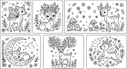 Whimsical line art coloring page set with six cute deer illustrations floral wreaths mushrooms crescent moon constellations sleeping and jumping poses close up decorative frame border