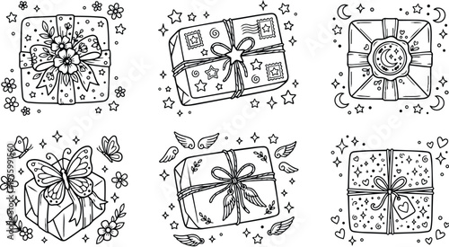 Hand drawn doodle gift boxes coloring page six square present designs floral butterfly wings moon stars decorative ribbons close up line art illustration for craft projects