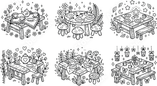 Whimsical hand drawn picnic table scenes six variations tea snack mushroom stools lanterns heart motifs star cookies floral decorations top down and angled views line art