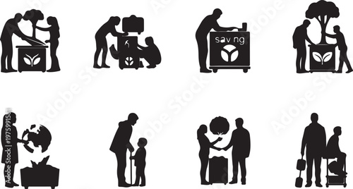 Environmental sustainability icons set, black silhouette people planting trees and recycling, eco friendly green living concepts, 8 vector elements