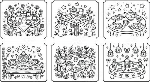 Whimsical hand drawn picnic tea party tables with teapot cups mushrooms flowers close up top view botanical border line art illustration playful scene black outline styling