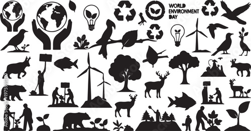 World Environment Day vector icon set, black ecology silhouettes and nature symbols, sustainable energy and wildlife conservation elements for green design