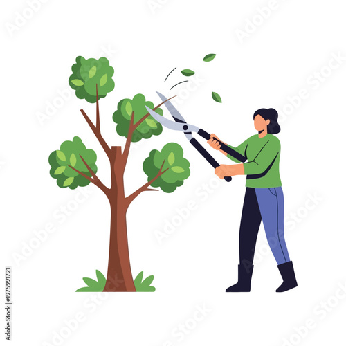 Woman pruning tree with large shears in flat colorful illustration for gardening or landscaping