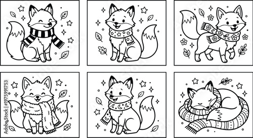 Cute line art cartoon fox characters wearing patterned scarves in six framed panels sitting and sleeping surrounded by leaves stars and simple decorative elements black white
