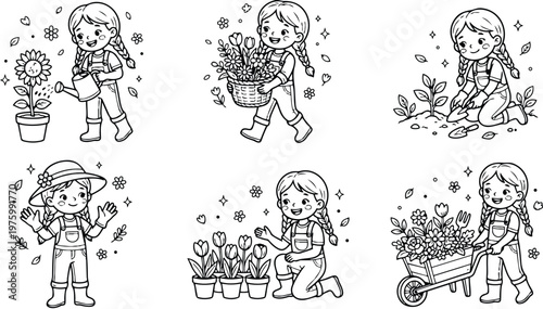 Whimsical line art girl watering potted sunflower carrying flower basket planting seedlings tending garden wheelbarrow smiling looking at camera wearing overalls rubber boots braided hair playful