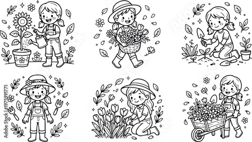 Line art six vignette close up girl watering sunflower carrying basket planting seedlings kneeling digging with trowel pushing wheelbarrow wearing hat overalls smiling playful cute