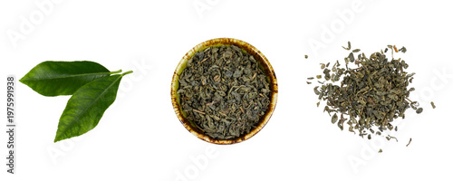 set of dried green tea leaves pile, green tea in pile and fresh asian green tea leaves isolated on white or transparent png