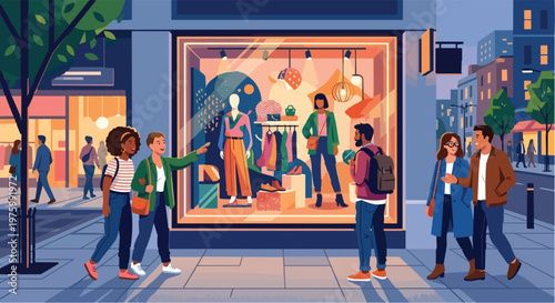 Vibrant Urban Street Scene at Night with People Window Shopping at a Modern Fashion Boutique Clothing Store with Stylish Mannequins and Warm Interior Lighting in a Busy City District