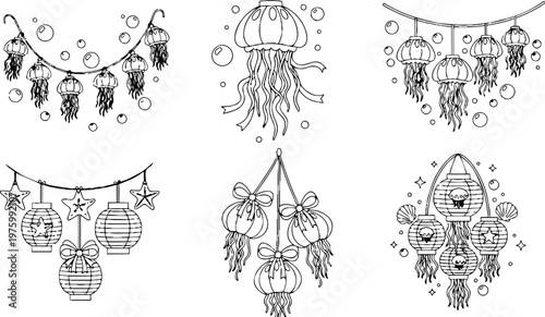Hand drawn jellyfish lantern garland close up seamless line art set with hanging ribbons bows starfish and marine ornaments black and white decorative illustrations vector style