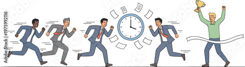 Vector set of businessmen in suits running fast representing career race competition meeting deadlines and success in fast paced corporate professional business environment.