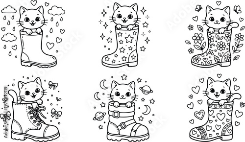 Line art close up six cute kittens peeking from patterned rain boots in assorted angles for coloring page with playful hearts stars flowers moons whimsical composition