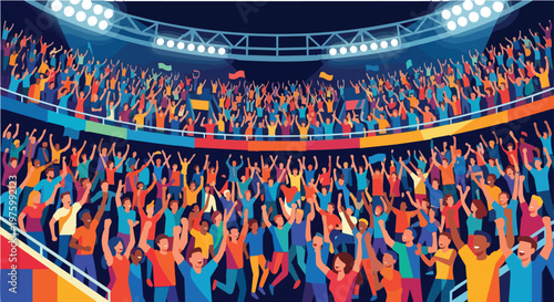 Crowd of Cheering Fans Celebrating in a Large Crowded Stadium Arena at Night Event Illustration