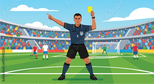 Football Referee Showing Yellow Card During Soccer Match in Stadium, Official Giving Warning to Player, Professional Sport Judge on Green Field Illustration, Penalty and Fair Play Concept Vector