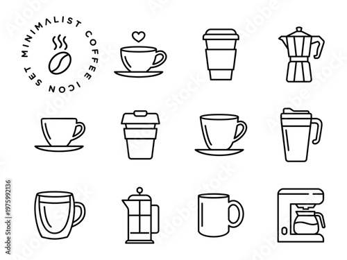 Coffee cups and brewing equipment with paper to-go mugs, a french press, and an espresso maker for cafe menu line icon set