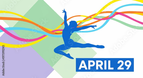 Blue ballerina silhouette leaping with flowing colorful ribbons