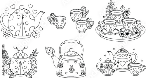 Cute hand drawn teapot and cup illustration sheet with ladybug hearts and floral motifs multiple tea sets arranged on tray close up coloring page playful vintage