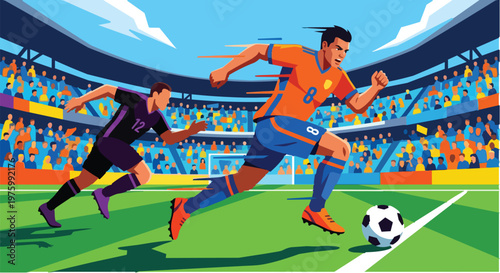 Soccer Player Dribbling Ball Fast on Field During Match, Football Forward Athlete Running with Ball in Stadium Arena Against Defender, Professional Sport Competition Flat Vector Illustration