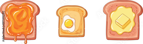 Toast with Butter, Jam, and Egg Breakfast Set Vector Illustration for Food and Cooking Designs