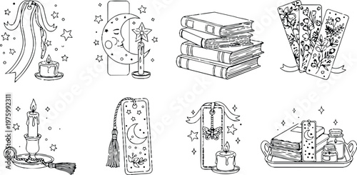 Line art close up set of mystical bookmarks candles and stacked books with moon and star motifs tassels and floral designs flat sketch black outline minimal