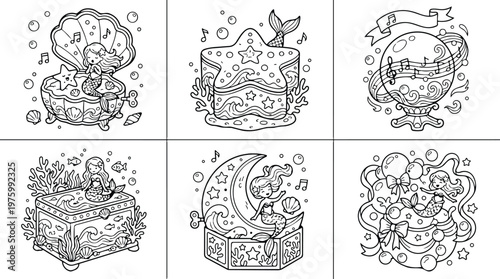 Cute line art mermaid sitting in open shell singing with musical notes close up coloring page style top view with bubbles coral and decorative stars whimsical