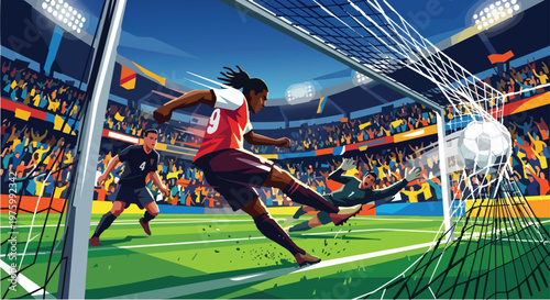 Action Shot of a Professional Soccer Player Scoring a Goal, Striker Kicking the Ball into the Net during a Football Match in a Crowded Stadium with Cinematic Lighting and Dynamic Motion