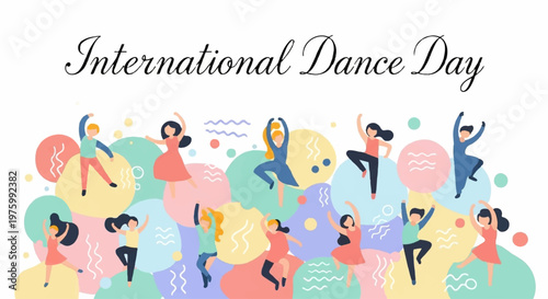 Group of dancers with colorful abstract circles for dance event poster