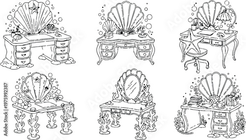 Whimsical shell vanity desk six underwater dressing tables with coral legs starfish chair mirrored shell backdrops bubbles ornate drawers tabletop accessories line art coloring page closeup