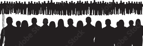 Crowd silhouette vector illustration, large group of people standing together, black human figures in a row, community and social gathering concept