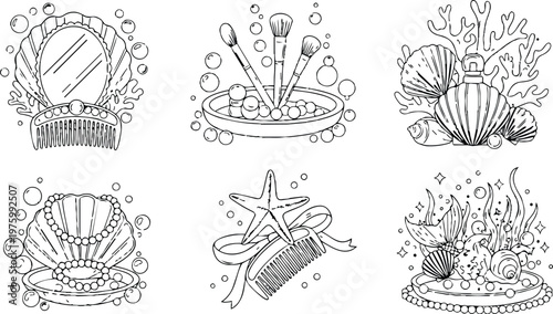 Delicate line art seashell vanity set with comb and pearls brushes starfish ribbon close up view decorative ocean themed illustration minimal contour style ink elegant